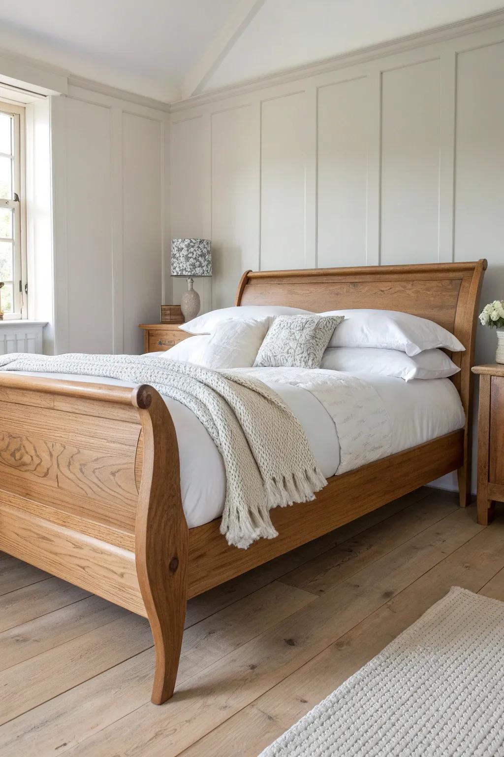 Crisp white linens brighten a wooden sleigh bed—simple, airy, and beautifully timeless.