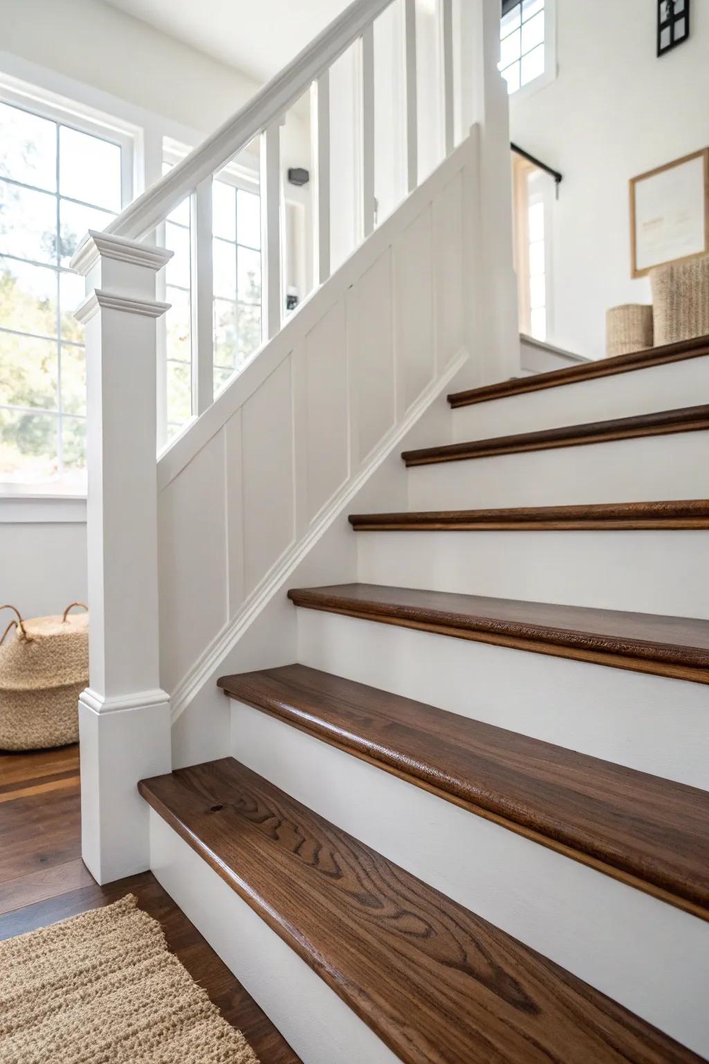 White risers + dark treads: a crisp, bright stair look with rich contrast and scuff-hiding style.