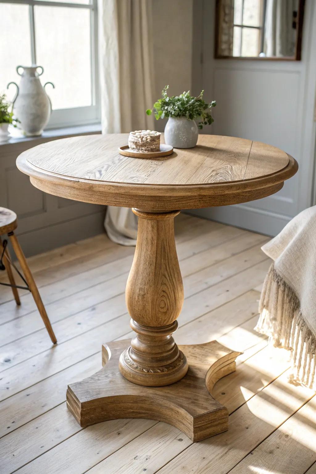 Small round pedestal table in light oak—airy, knee-friendly, and perfect for tight kitchens.