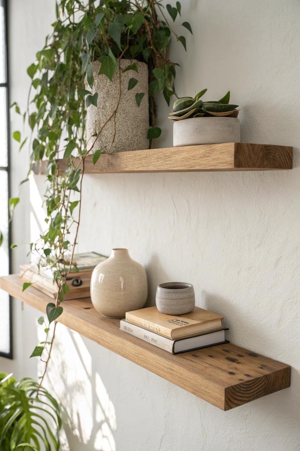 Classic floating oak shelf styled with books, pottery, and a trailing plant—simple, warm, airy.