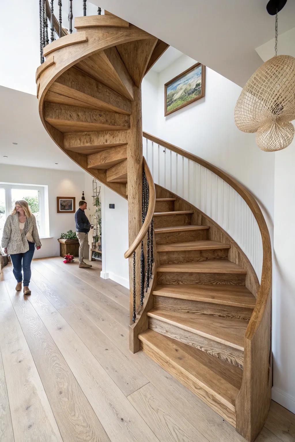 Corner-hugging reclaimed-wood winder stairs: airy, minimal, and far easier to walk than a spiral.