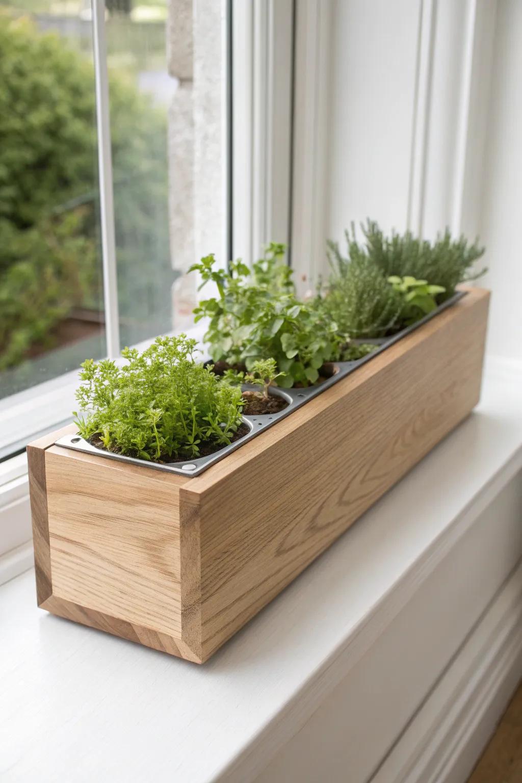 A slim sealed oak trough with a hidden drip tray makes windowsill plants look curated.