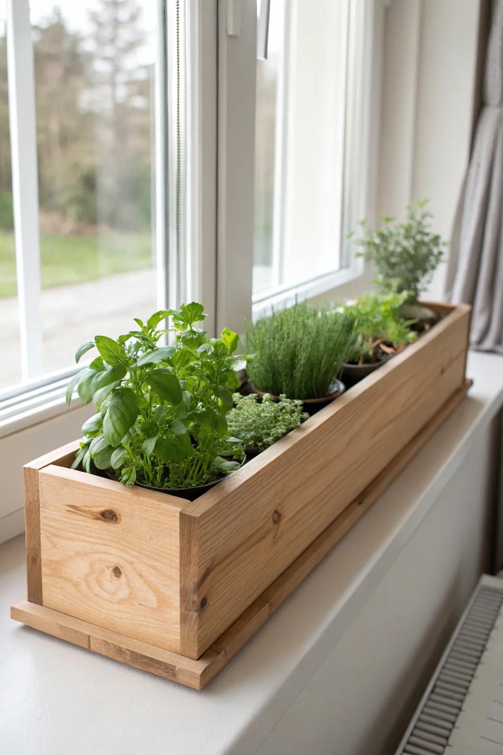 A classic window sill planter box with a removable drip tray—clean, cozy, and handmade.