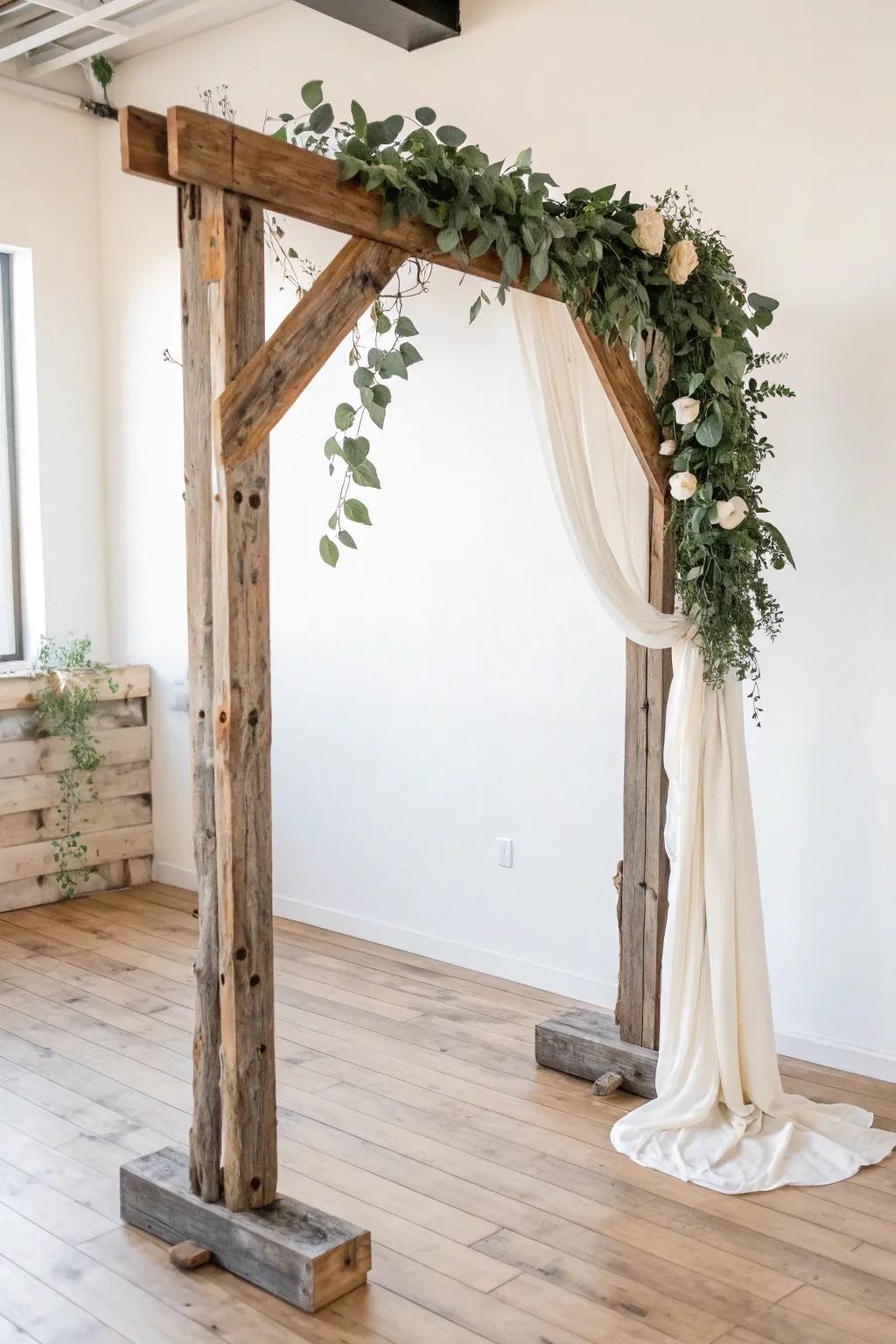 Reclaimed wood ceremony arch with soft linen and greenery for a cozy indoor rustic vow moment.