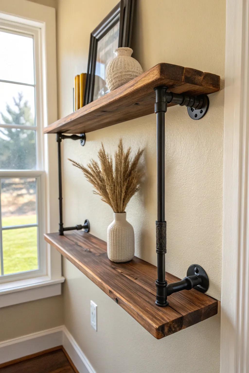 Classic pipe-and-plank wall shelf—warm wood, black iron, and a soft boho touch.