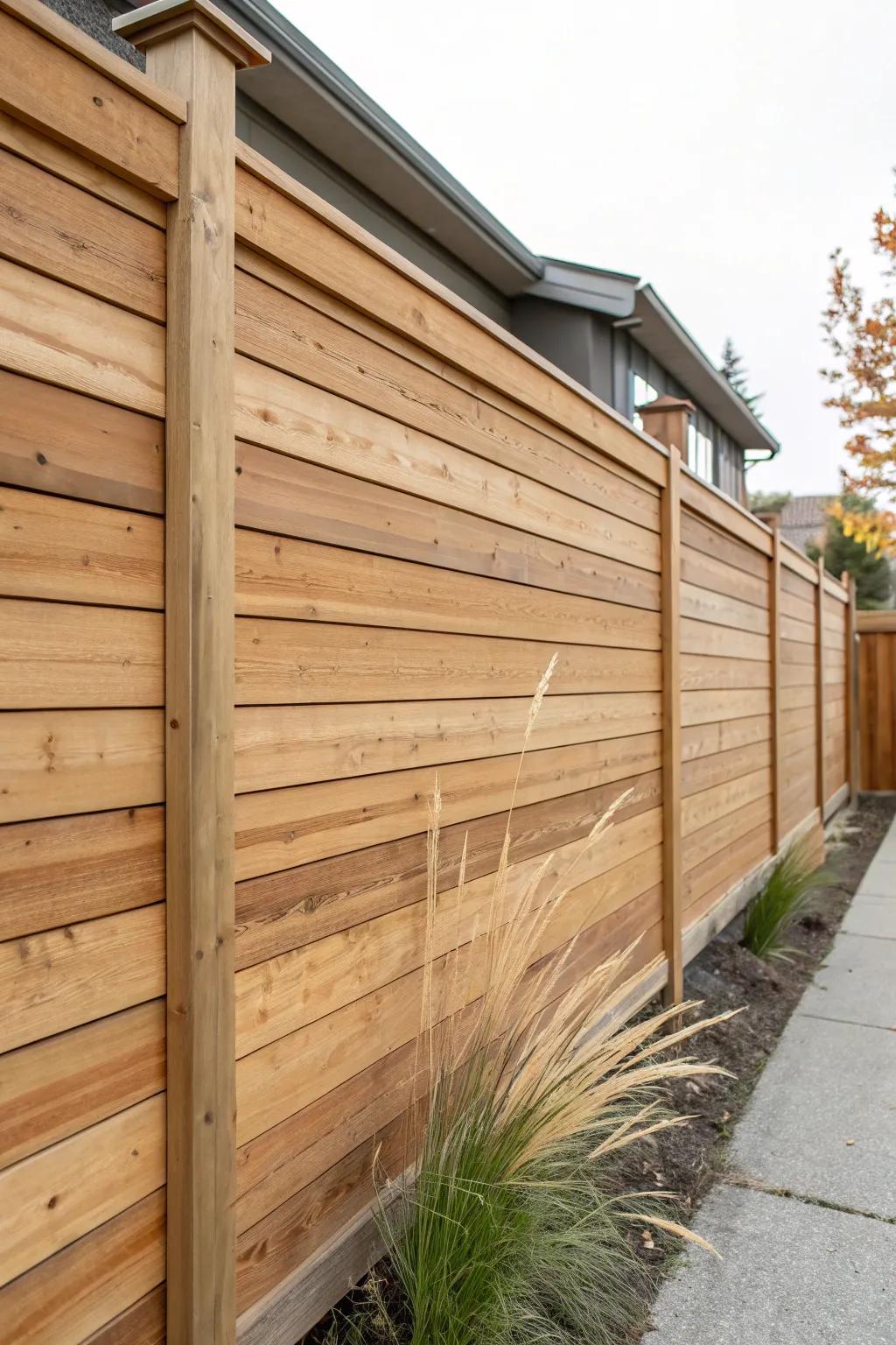 Modern horizontal slat fence that looks high-end—clean spacing, warm stain, simple top cap.