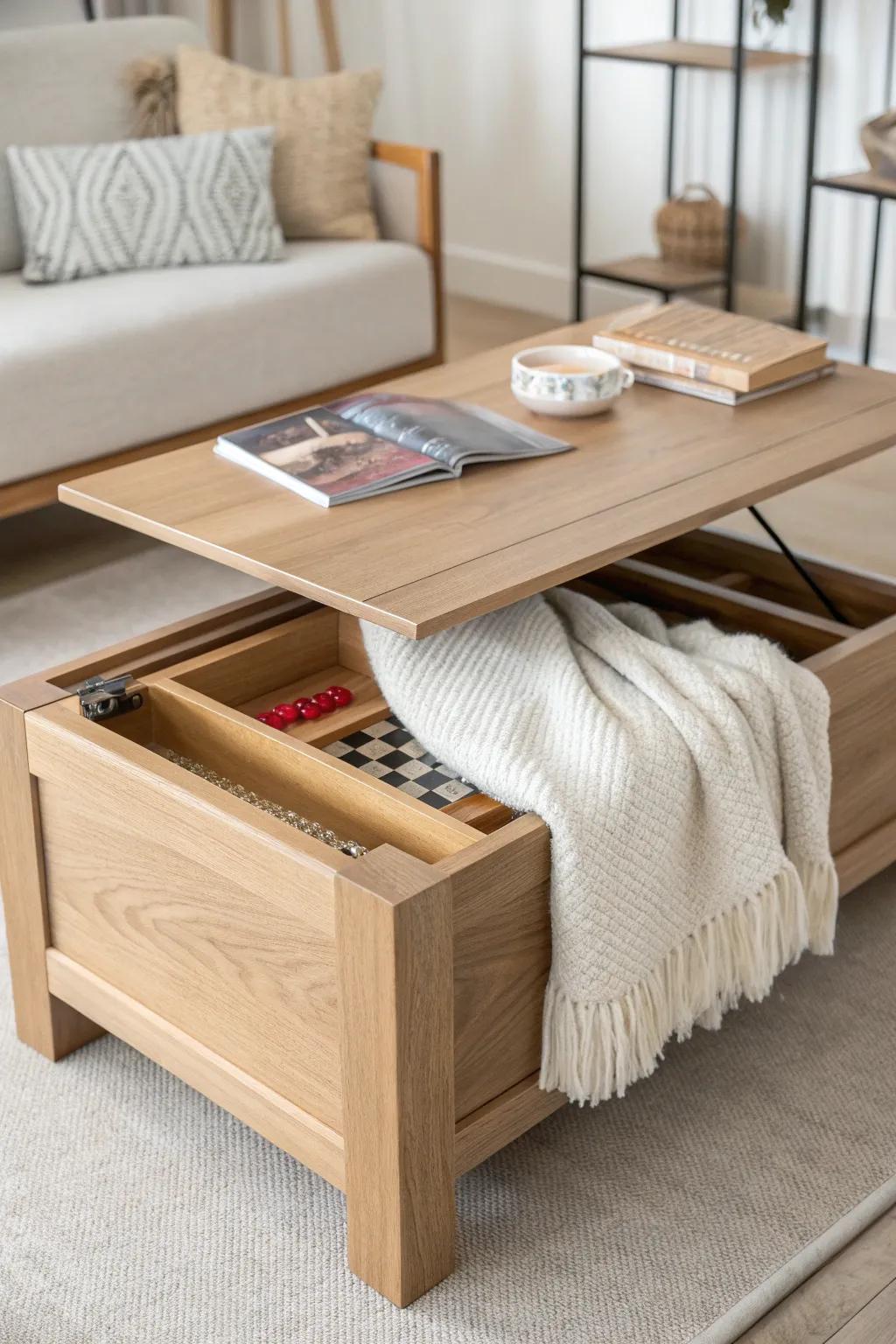 A minimalist lift-top coffee table with hidden storage—pretty, practical, and space-saving.