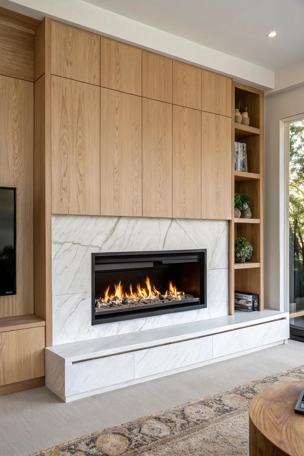 Centered inset fireplace media wall in light oak—clean flush trim and hidden storage below.