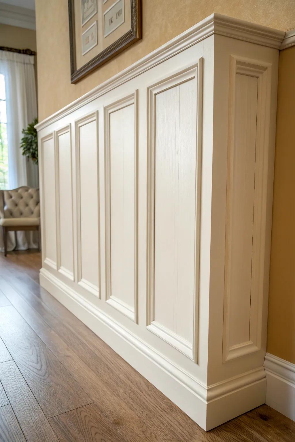 Raised-panel wainscoting with a crisp chair rail—classic colonial charm, perfectly even spacing.