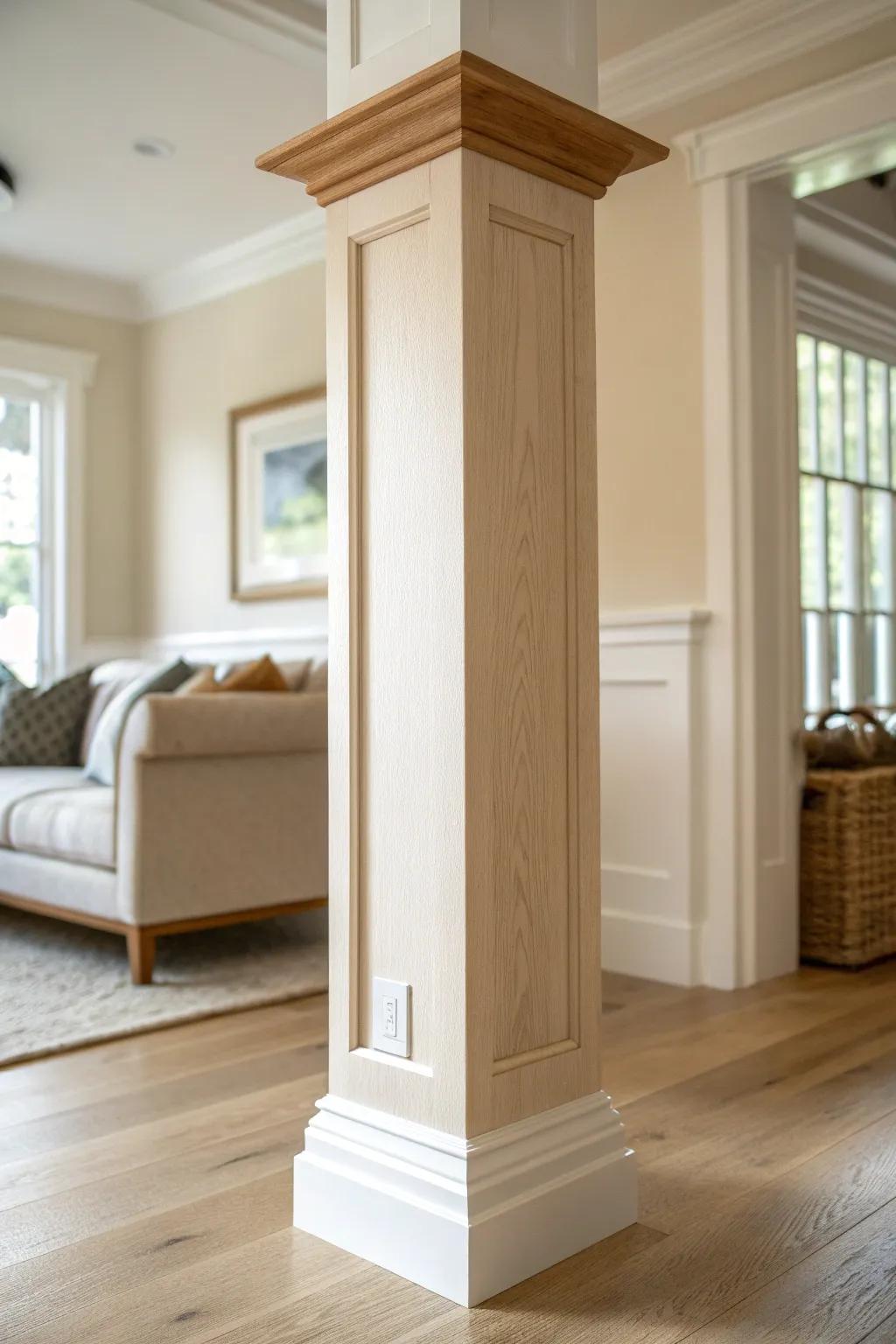 Paint the column to match the wall and keep trim minimal for a calmer, seamless layout.
