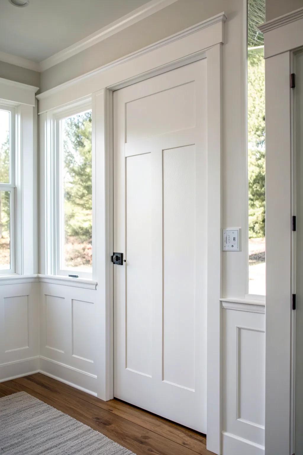 Crisp white door + matching trim—change the sheen to make the profiles quietly shine.