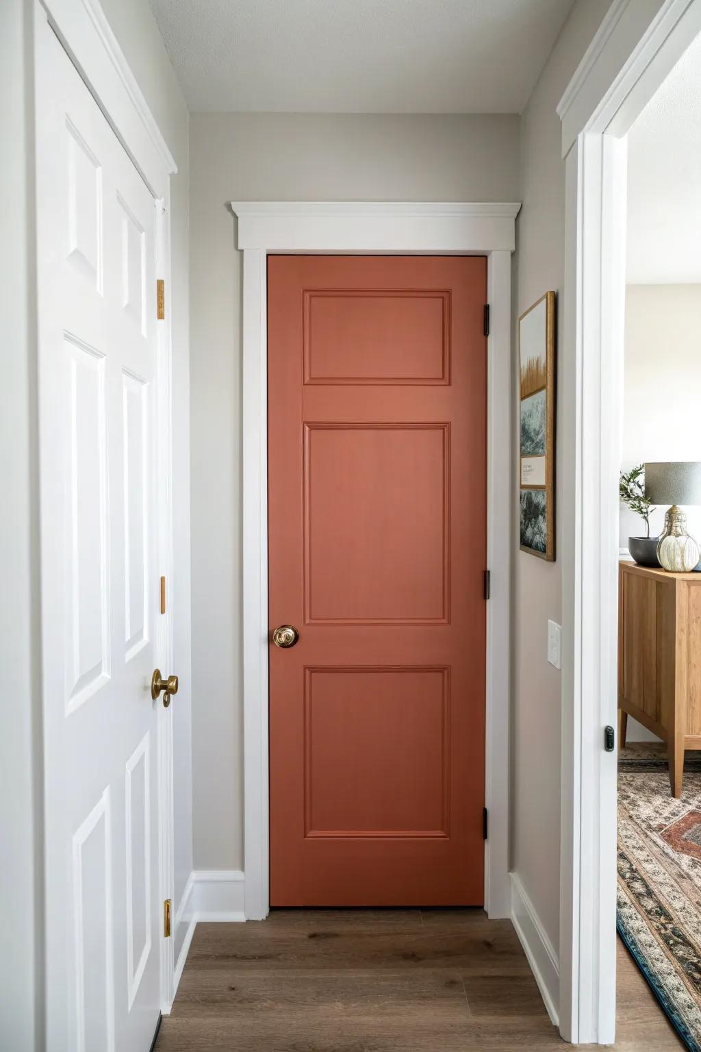 Paint one door a bold solid color and keep the trim bright white for instant contrast.