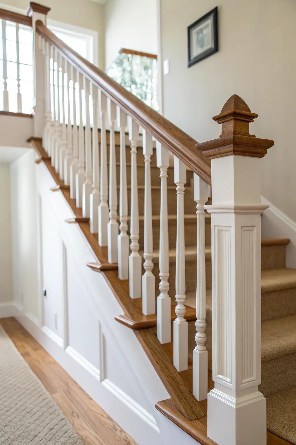 Timeless wood balusters with a warm stained handrail—cozy, classic, and beautifully refined.