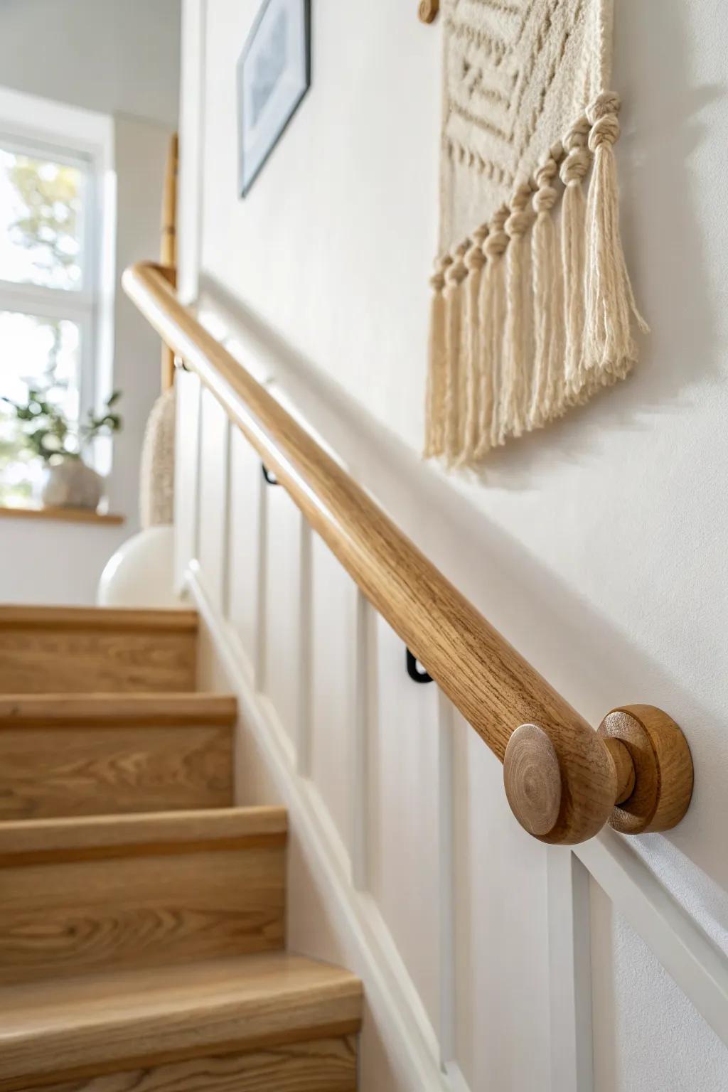 Timeless round oak handrail—smooth to grip, clean lines, and a durable clear finish.