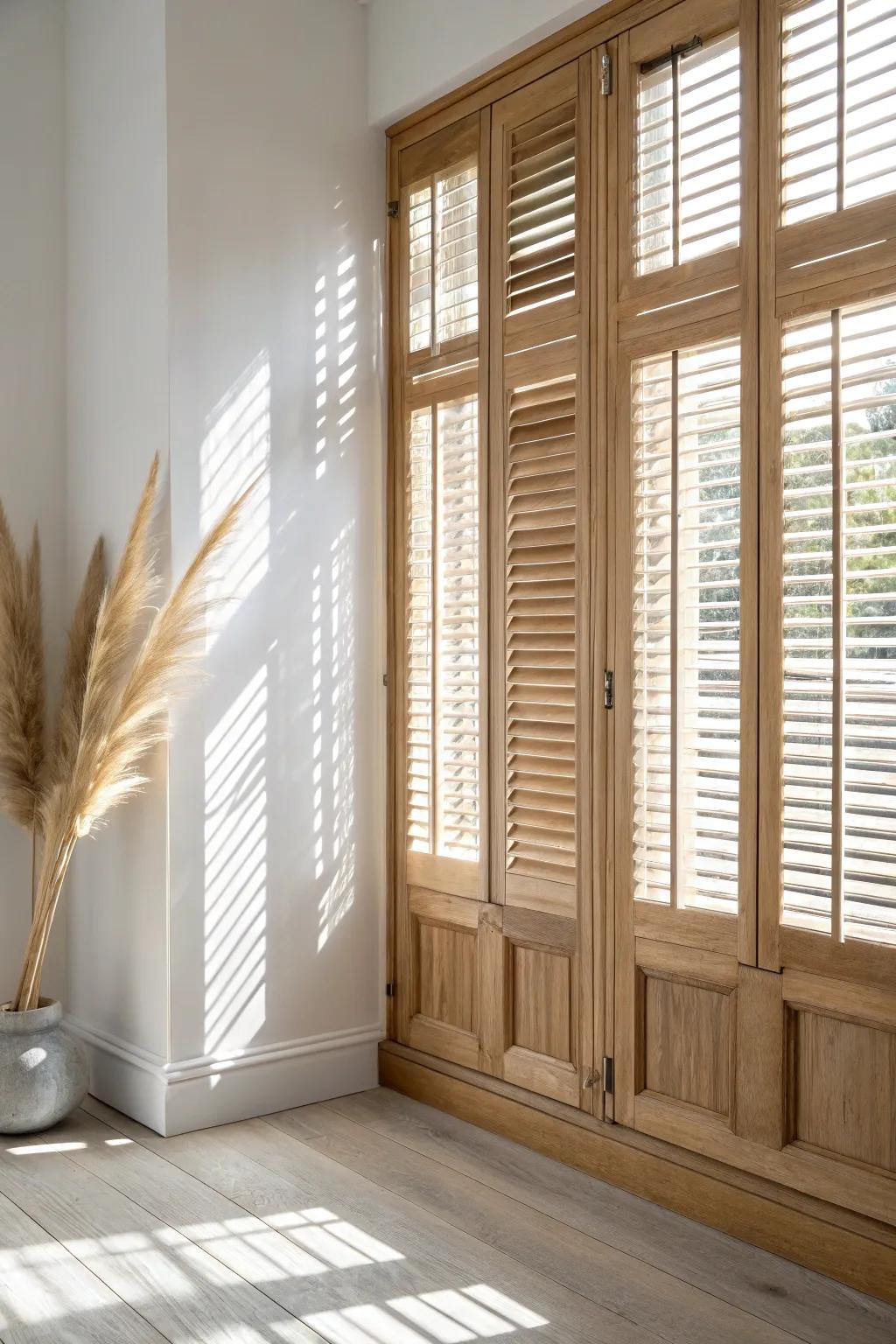 Classic plantation louvers in light oak—clean lines, adjustable glow, and timeless craftsmanship.