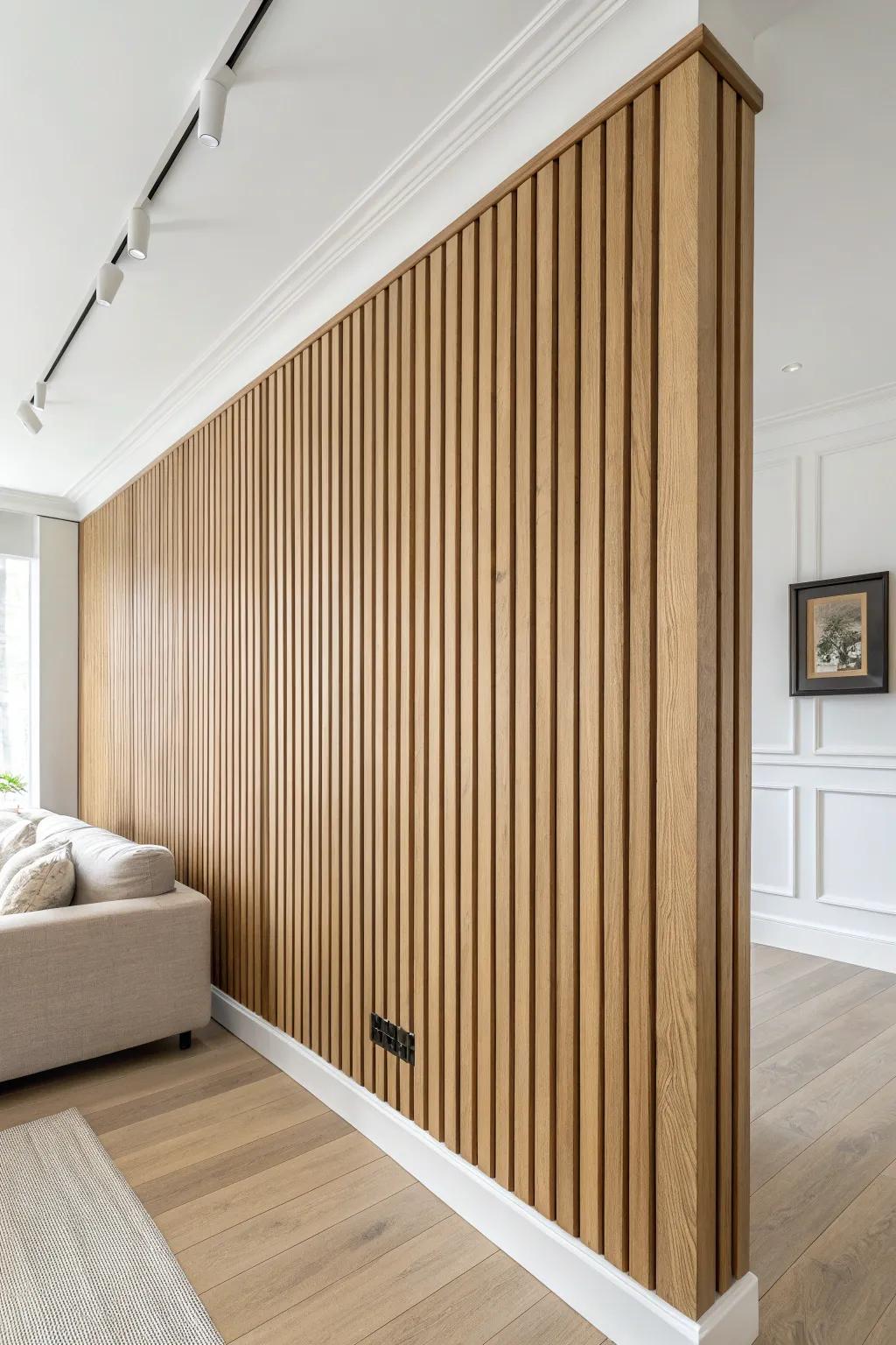 A seamless floor‑to‑ceiling oak slat wall that lifts the room and adds instant warmth.