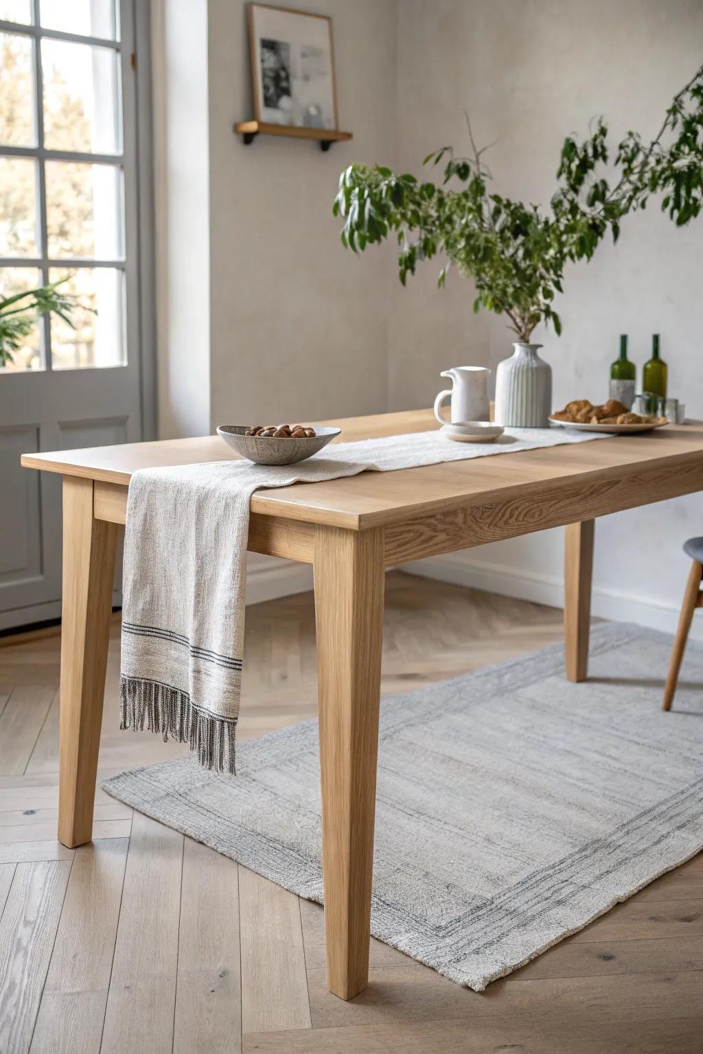 A matte light-wood dining table that quietly anchors a bright, serene Japandi room.