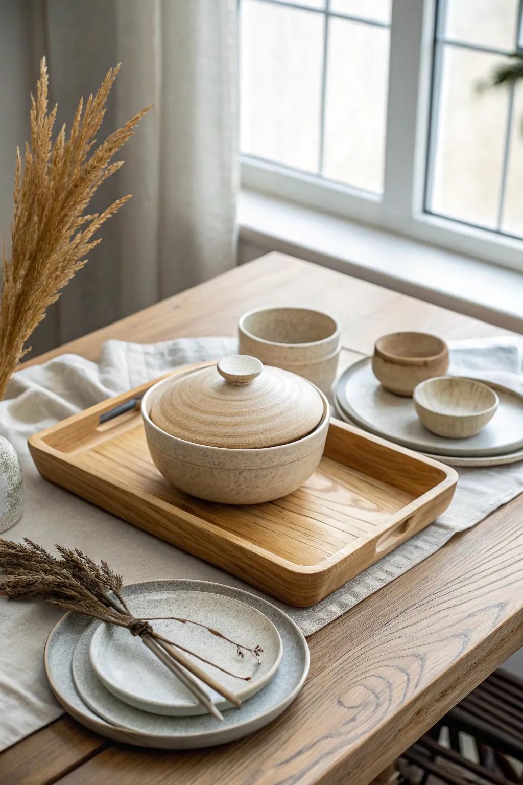 Ichiju-sansai made simple: one wooden tray with soup, rice, and 5–7 small dishes.