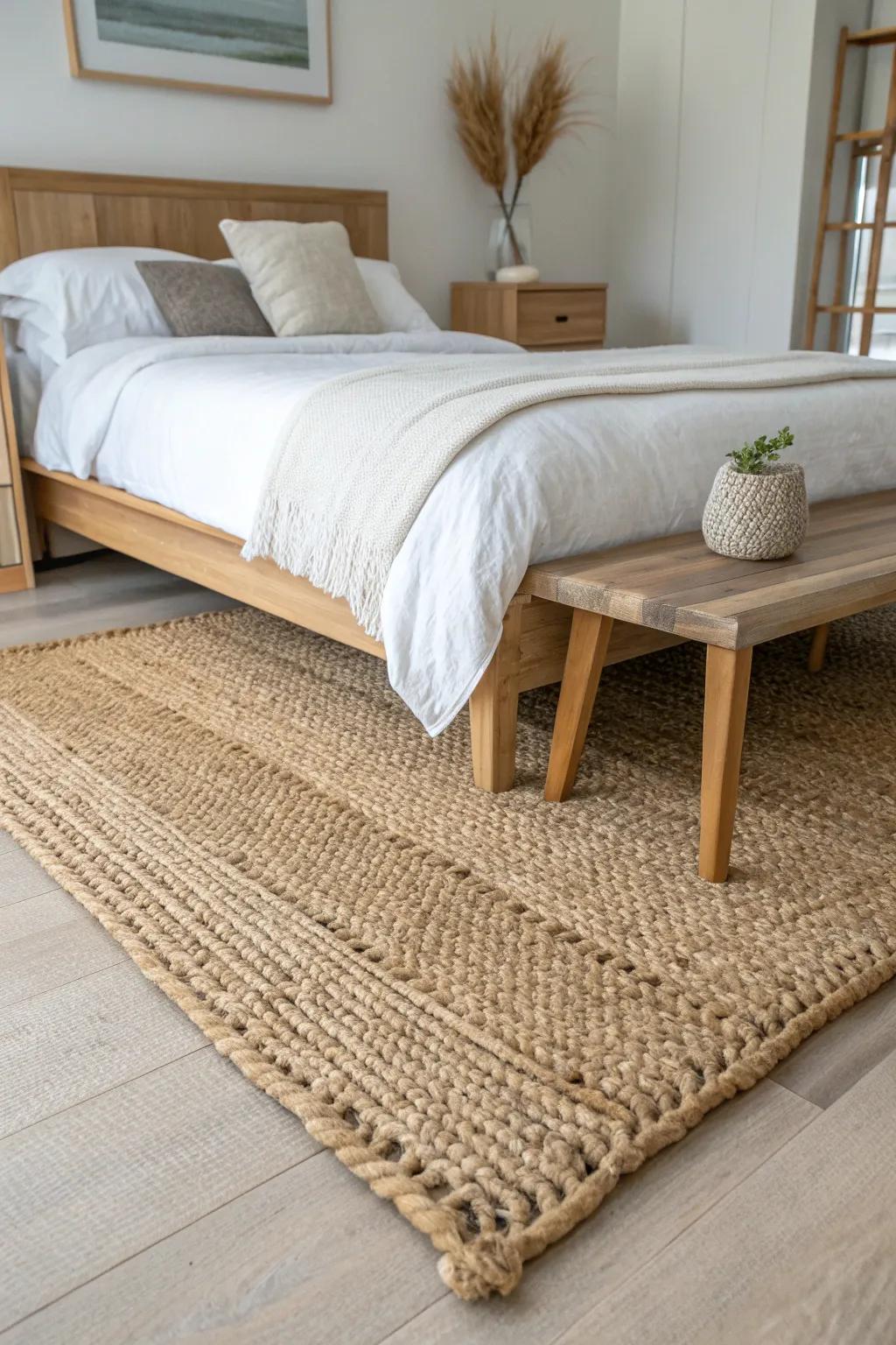Classic under-bed jute rug placement that anchors the room with warm, woven texture.