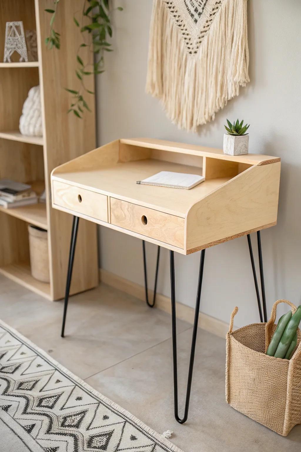 Embrace simplicity with a Scandinavian-inspired plywood desk for your little one's creative space.