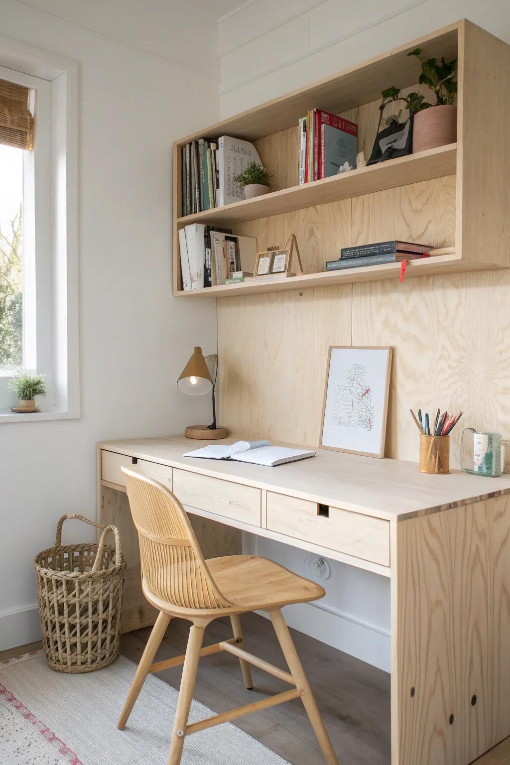 A clean built-in desk wall in birch plywood—open shelves keep homework calm and organized.