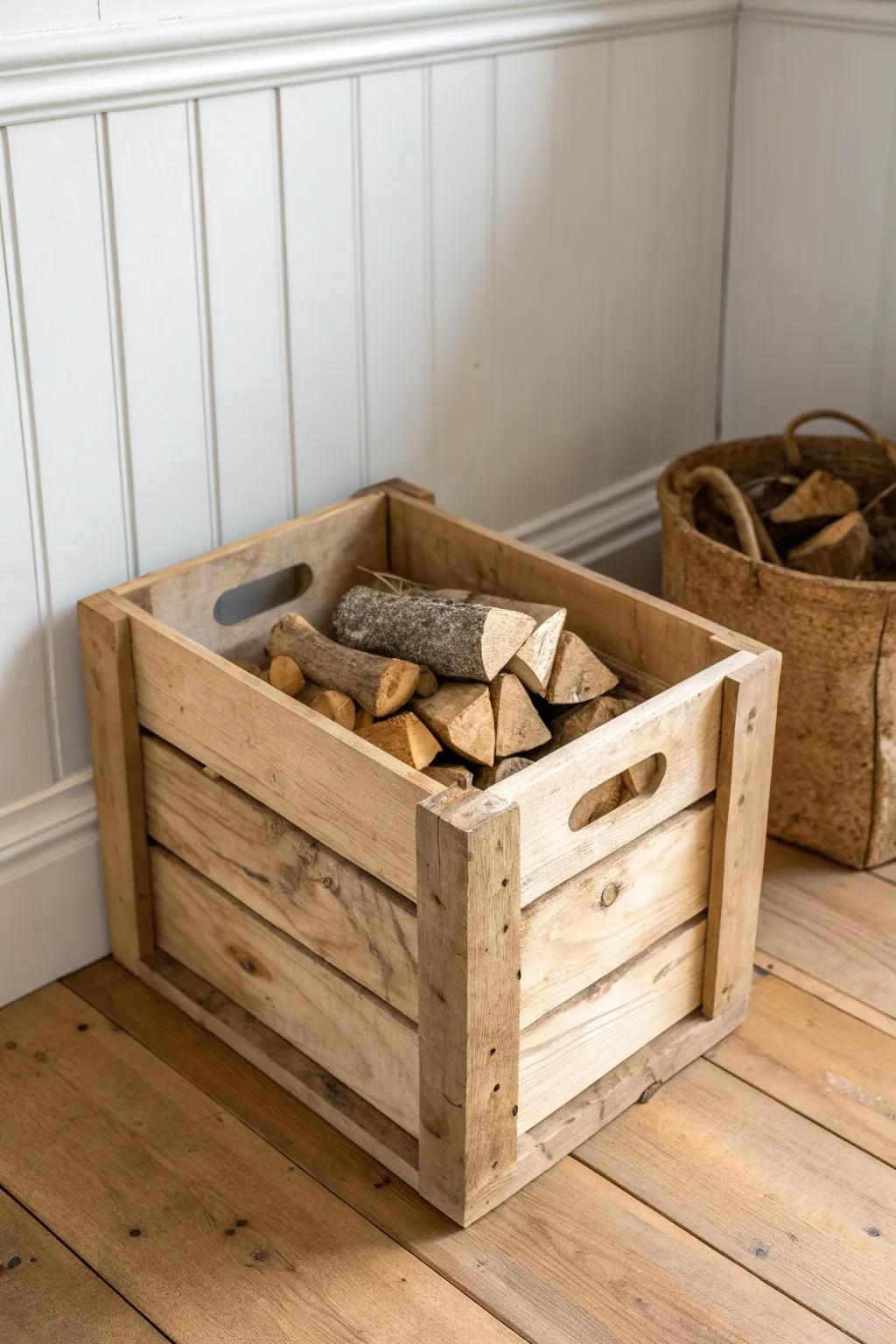 A simple open crate kindling box—chunky wood, clean lines, and effortless rustic charm.