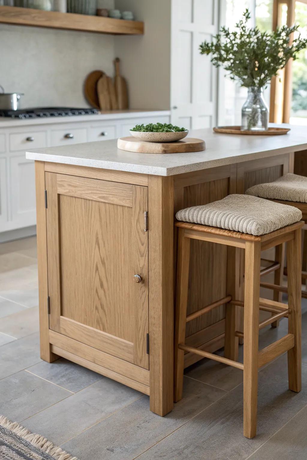 A classic island overhang that turns one stool into a comfy, inviting hangout spot.