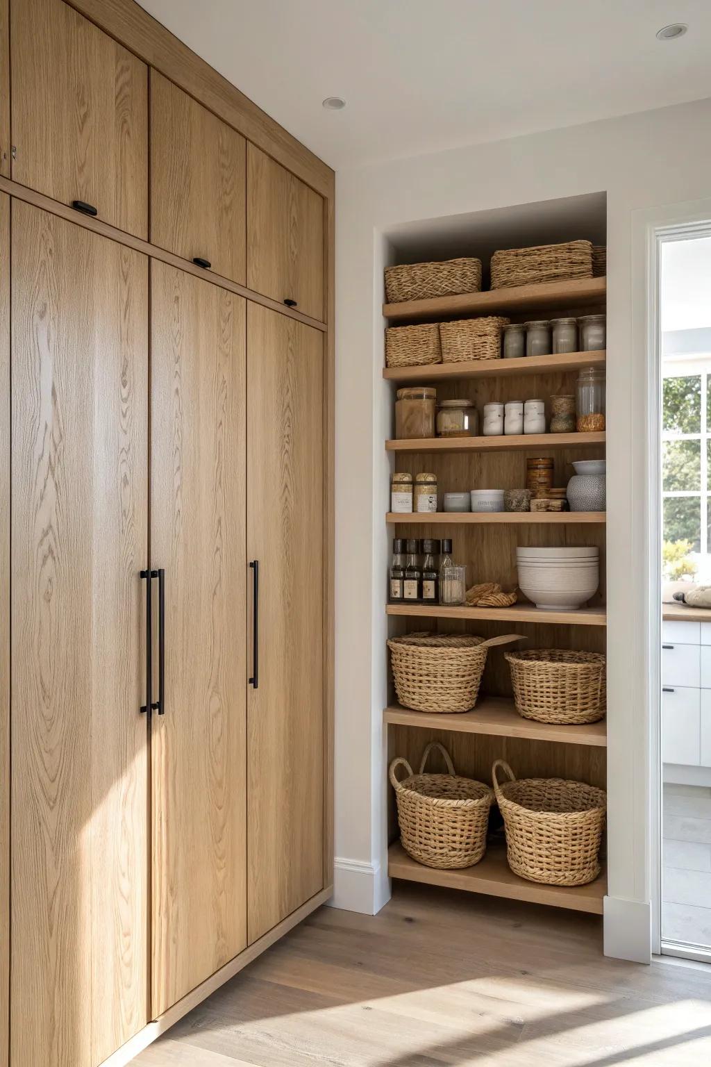 A floor-to-ceiling oak pantry wall that looks built-in, calm, and beautifully organized.