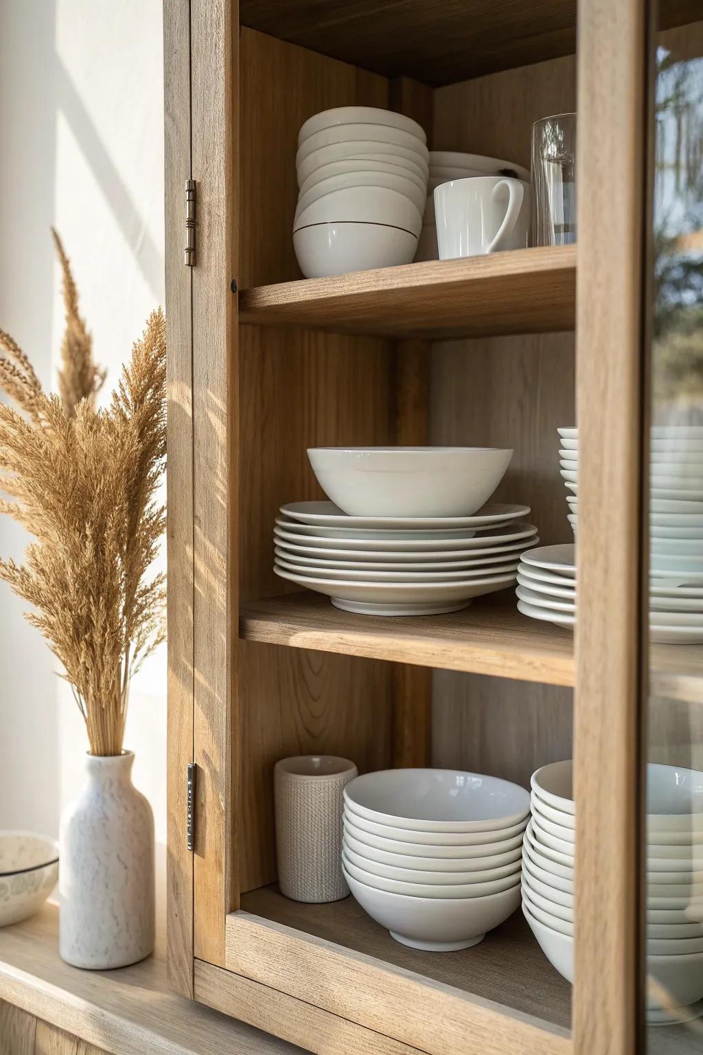 All-white plates and bowls stacked in a glass-front cabinet for a calm, classic display.