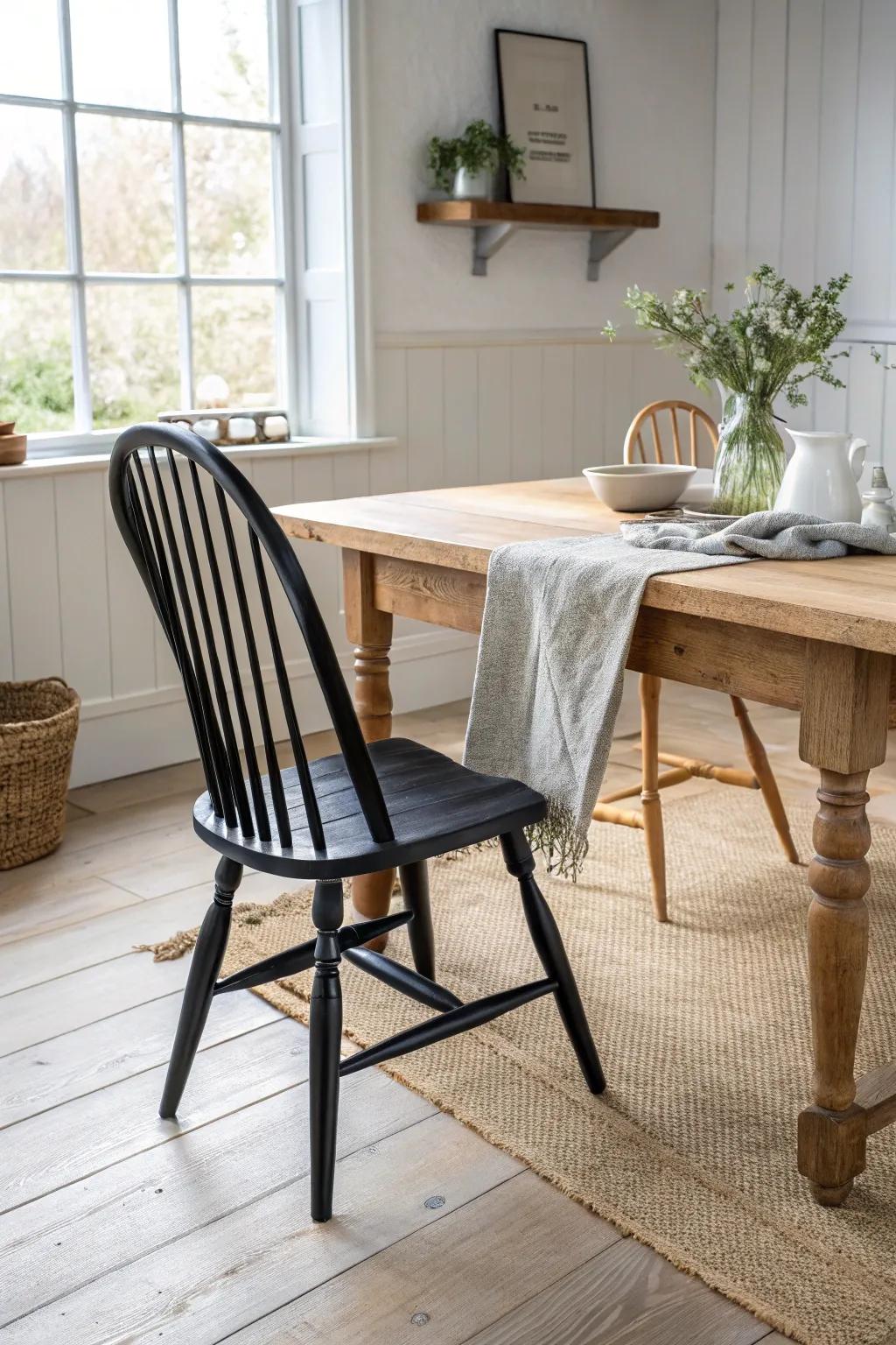 Soft black Windsor chair beside a chunky farmhouse table—timeless charm with cozy contrast.