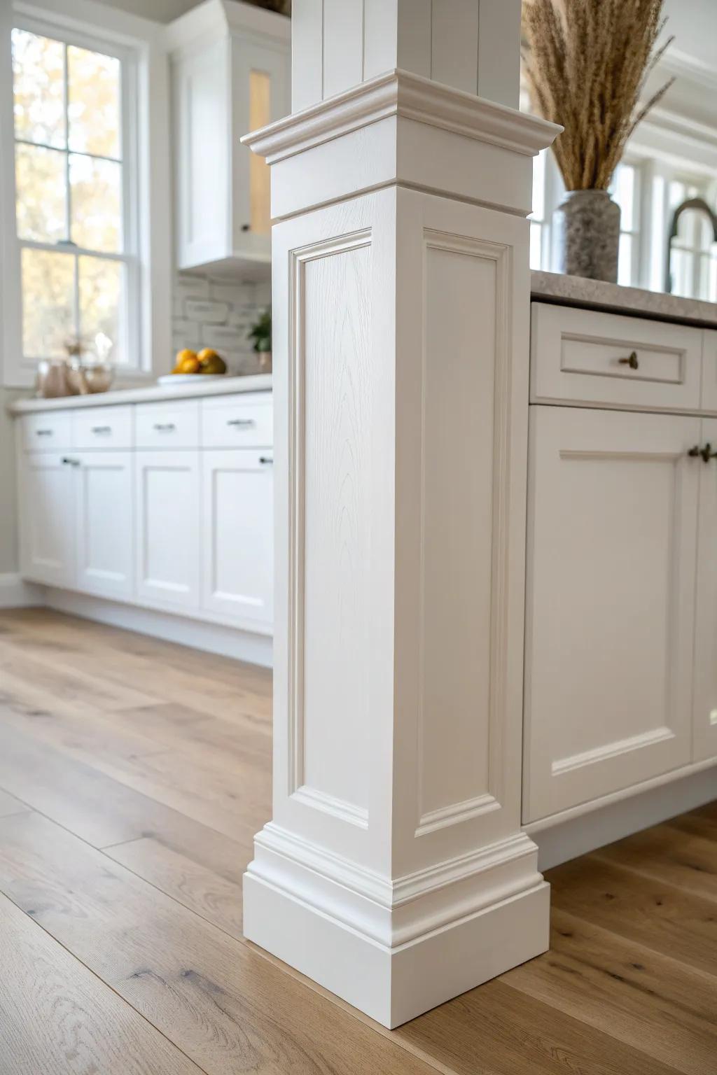 Weekend painted trim wrap makes a plain kitchen column look built-in with the cabinets.