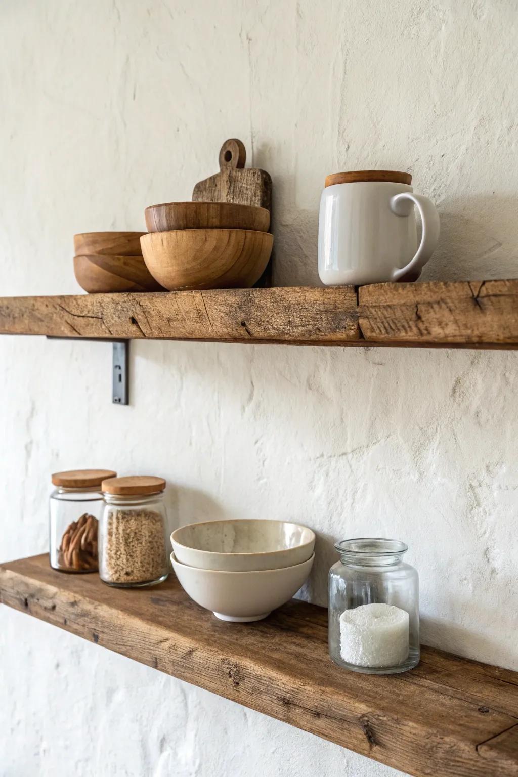 Reclaimed wood floating shelf styling that keeps everyday mugs and jars curated, not cluttered.
