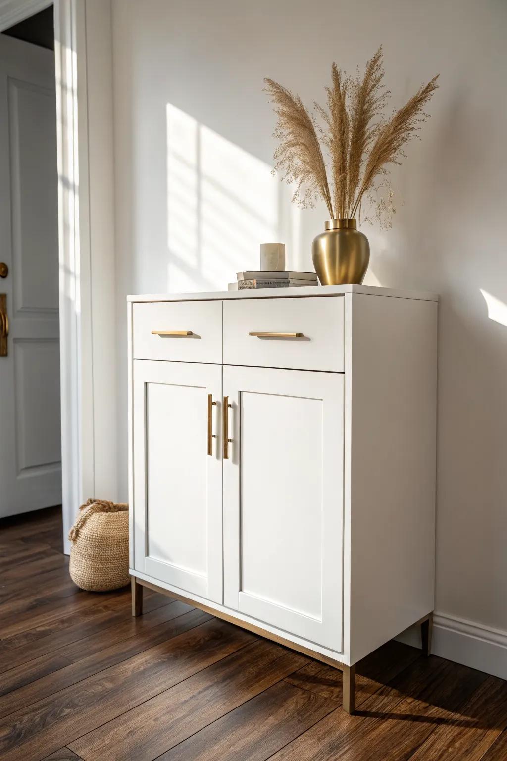 Crisp white cabinets paired with dark wood floors for instant contrast and cozy warmth.