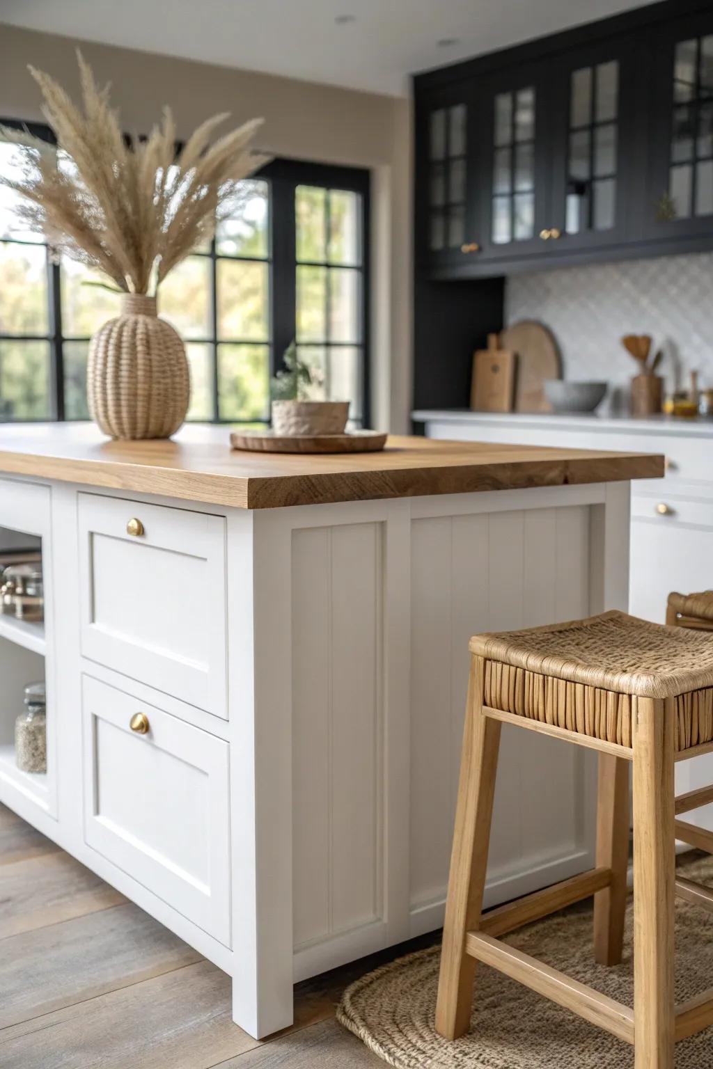 Crisp white island + dark cabinets: instant contrast that makes wood details feel intentional.