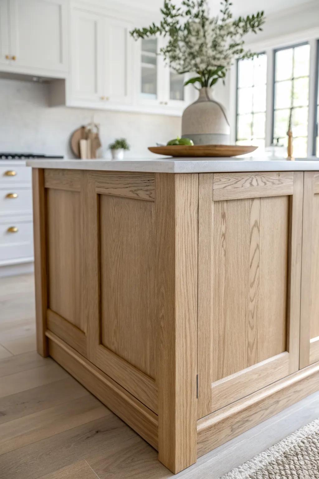 Timeless Shaker panels add instant custom charm to your kitchen island—clean lines, warm wood.