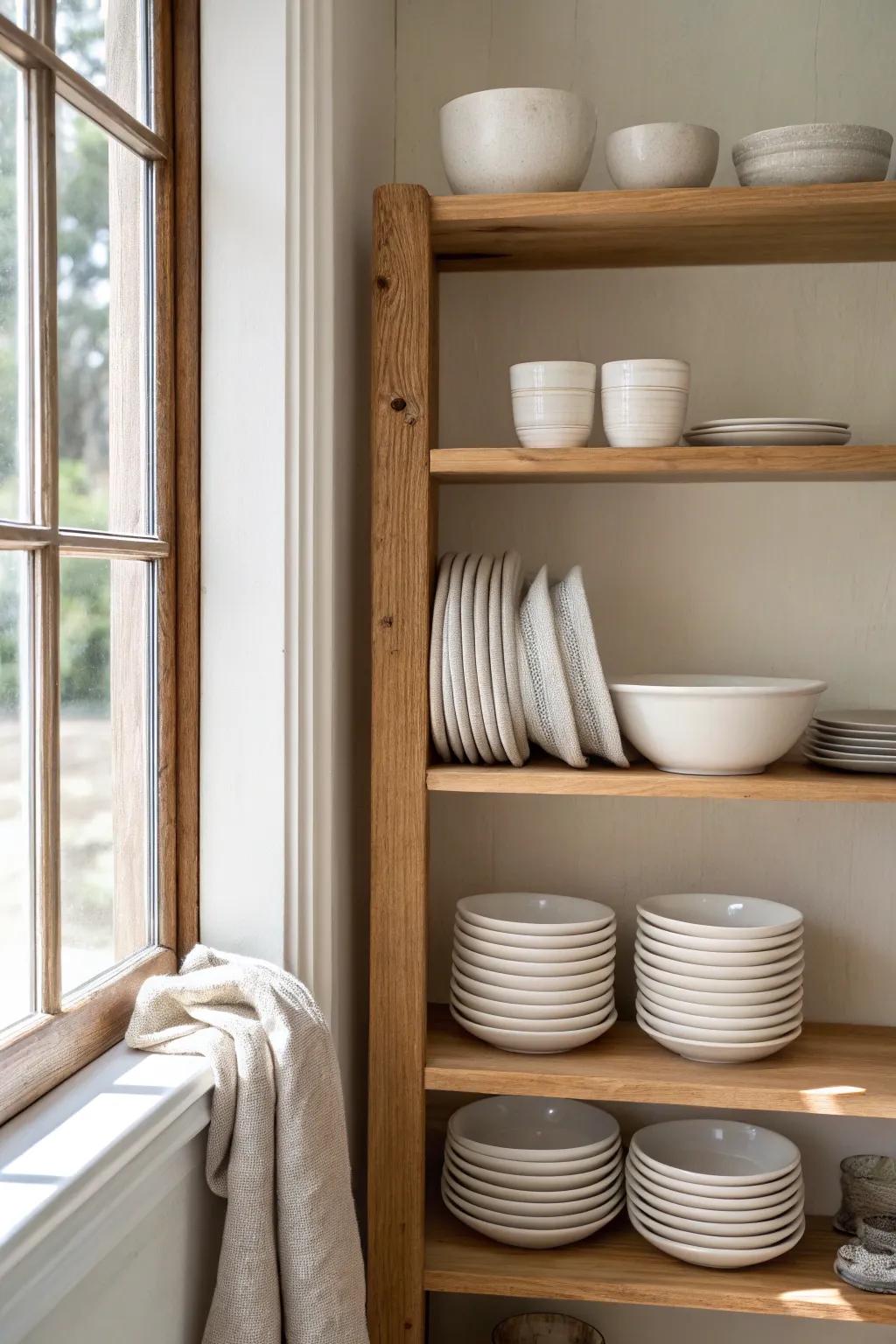 Calm kitchen shelf styling: low, even stacks of matte white dishware on warm oak.