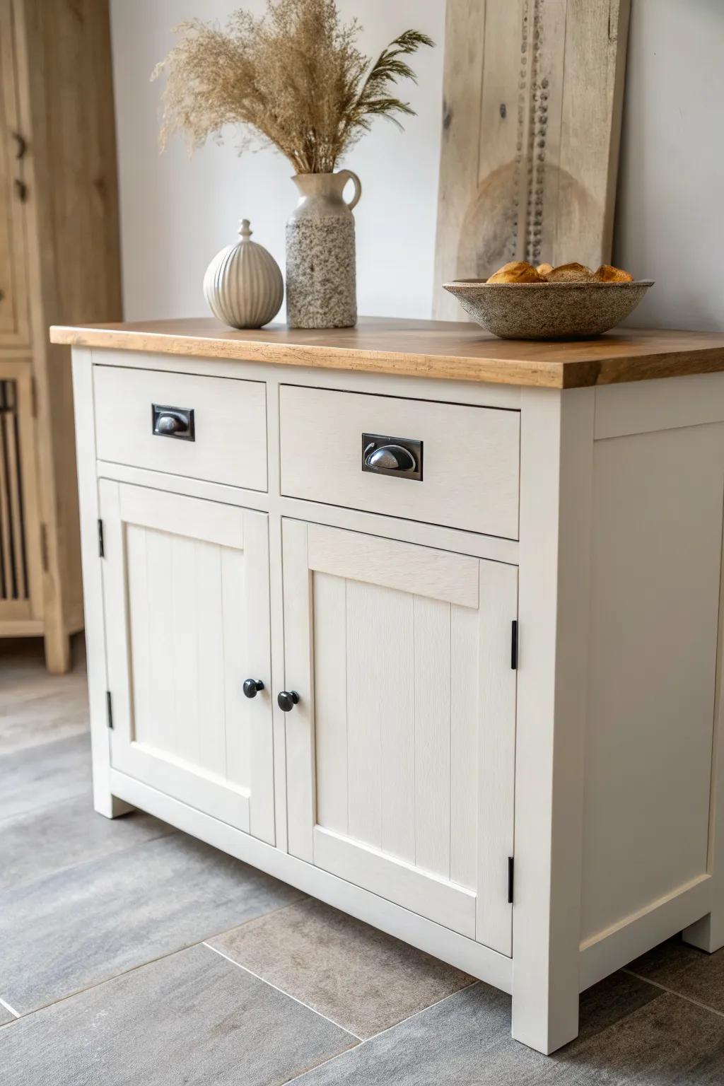 Two-tone farmhouse sideboard: painted base for scuffs, natural wood top to let the grain glow.