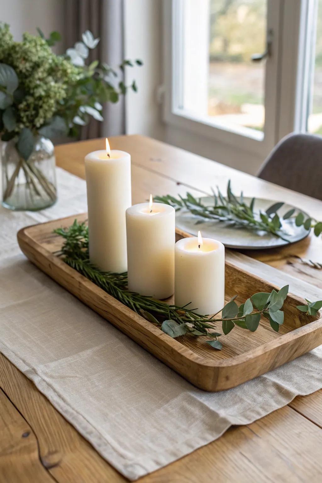 A simple oak tray with a candle trio and fresh greenery—styled, cozy, and dinner-friendly.