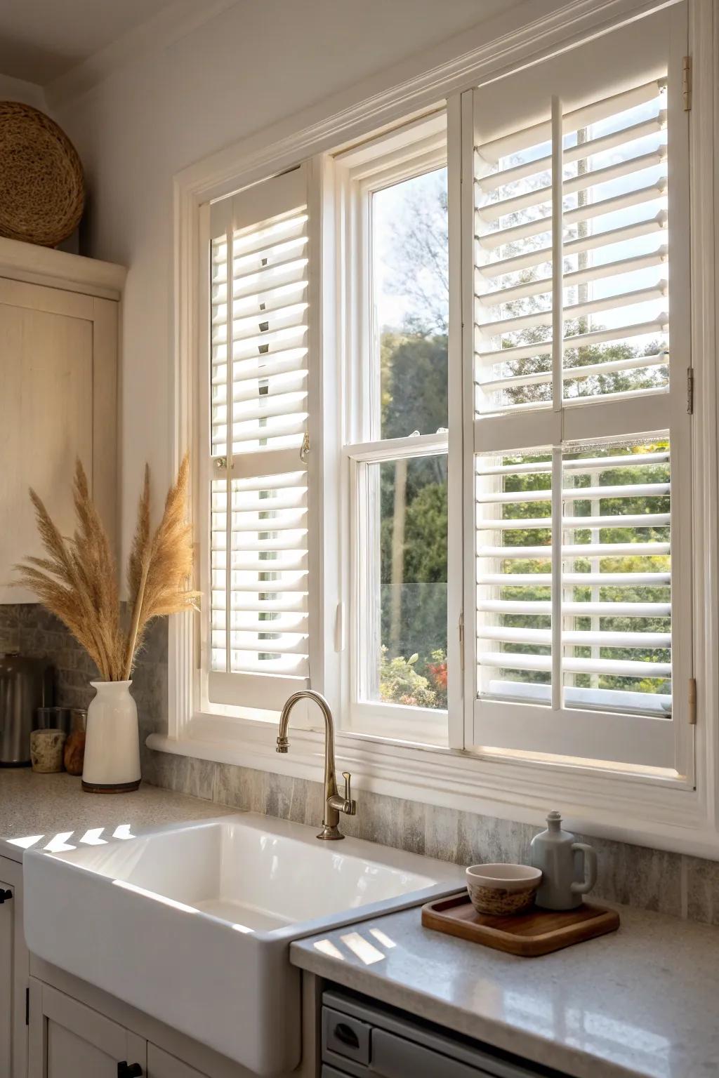 Classic plantation louvers in warm oak—effortless light control with a kitchen-ready finish.