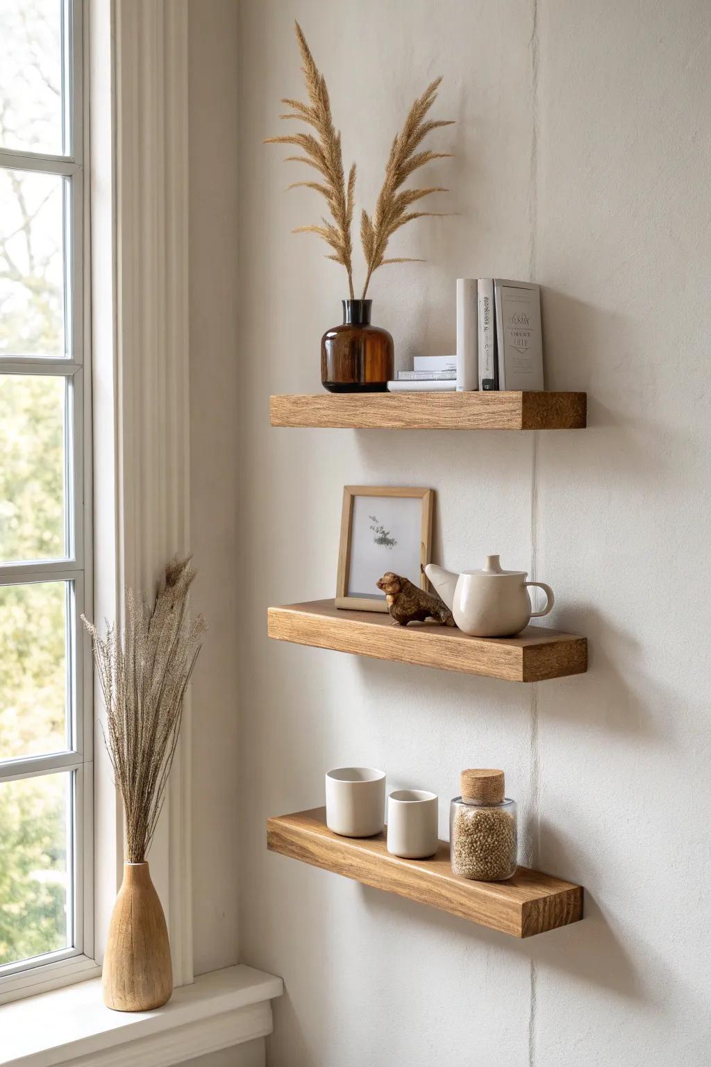 Stacked floating ledges keep tiny treasures curated—minimal, airy, and beautifully handcrafted.