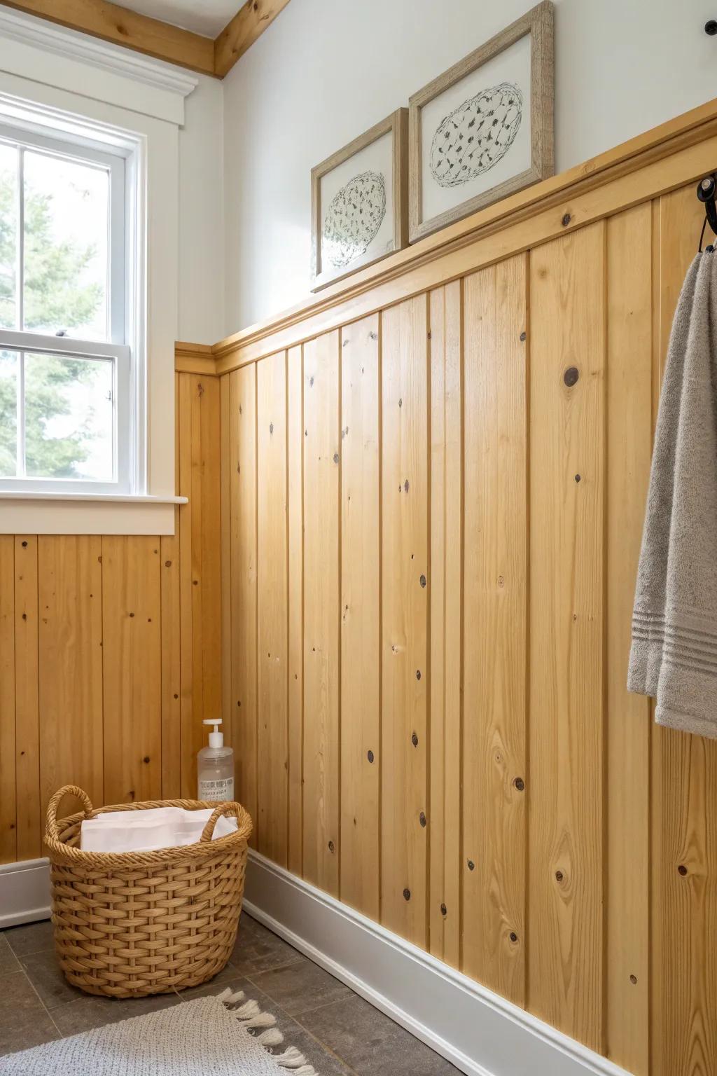 Vertical tongue-and-groove knotty pine adds instant lodge warmth while making small baths feel taller.