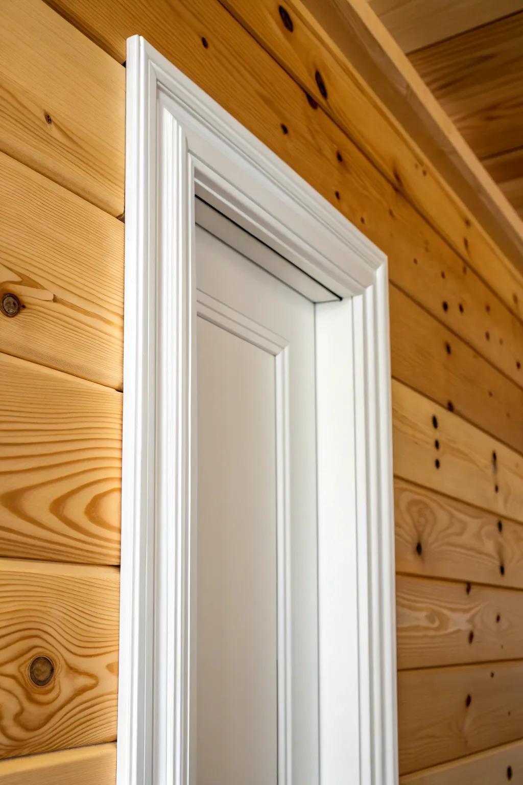 Bright white trim instantly modernizes knotty pine—clean contrast that feels fresh and intentional.