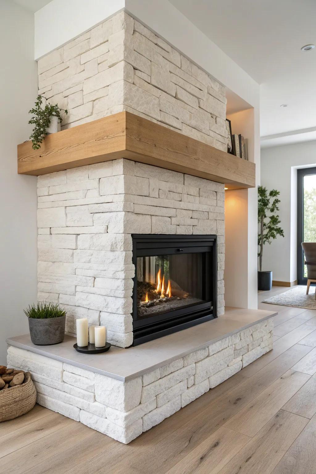 Timeless L-shaped corner fireplace wrapped in stacked stone, topped with a chunky oak mantel.
