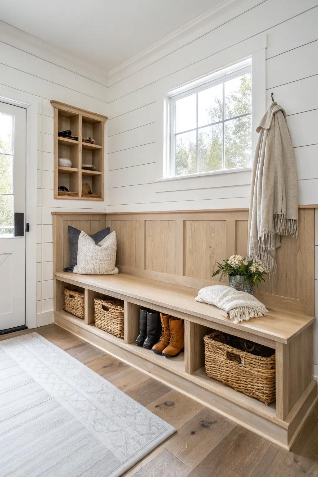 An L-shaped built-in bench with under-cubby storage that turns any corner into calm.