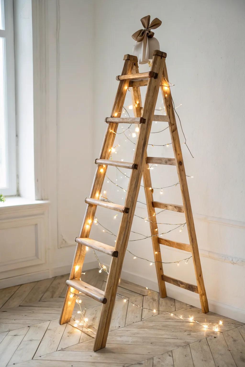 Classic light-wrapped ladder tree: warm glow, clean lines, and handmade Scandinavian charm.