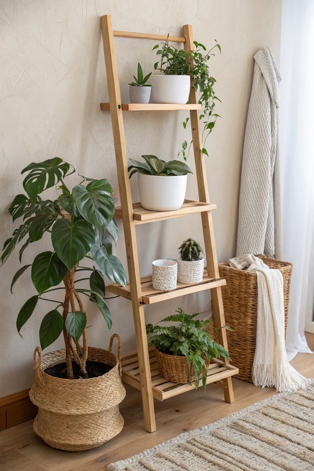 Mix tall and trailing greenery on a wooden ladder shelf for a soft, intentional look.