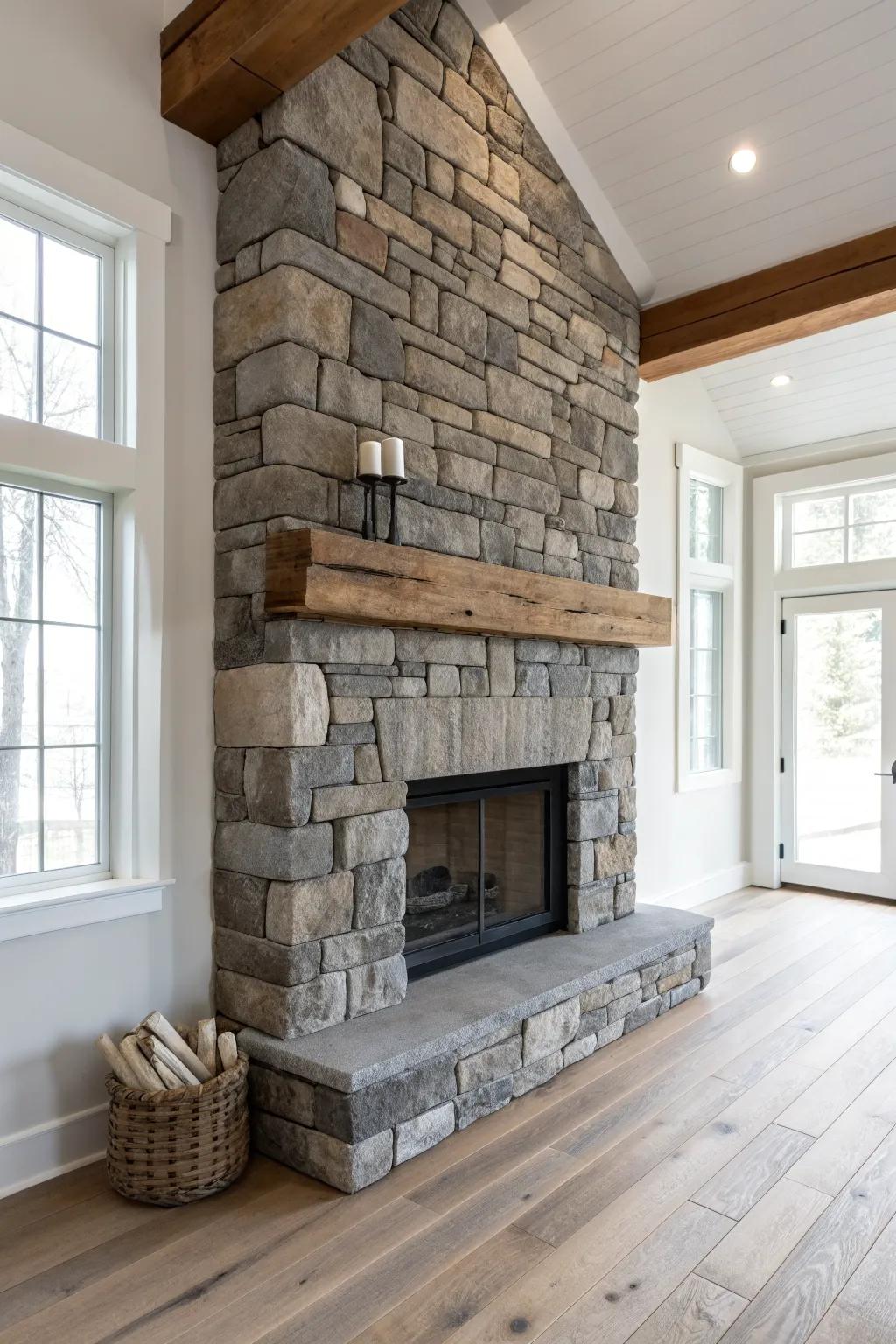 Floor-to-ceiling stone fireplace + chunky wood mantel—timeless lake house warmth.