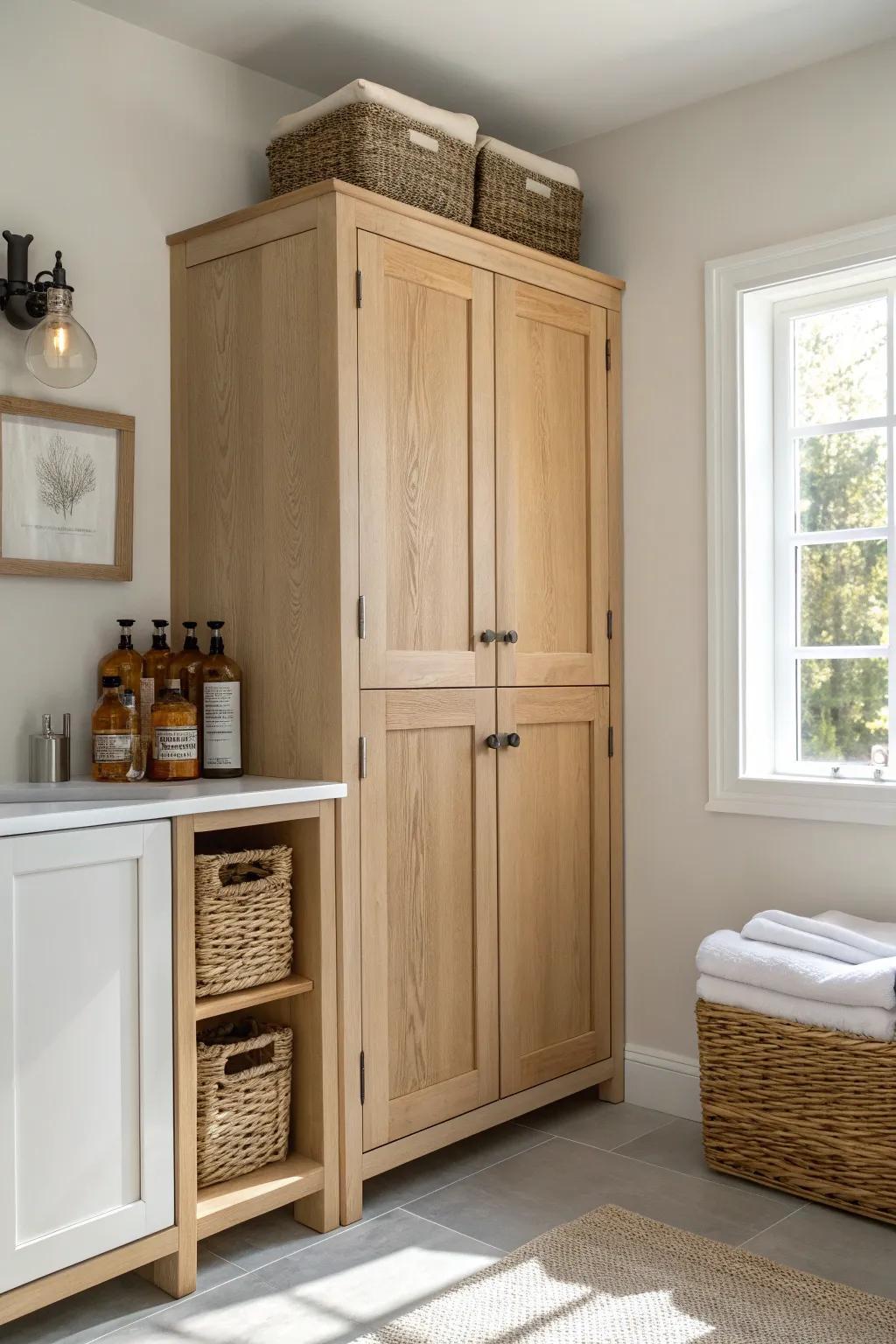 Classic upper cabinets over the laundry—warm oak, clean lines, clutter tucked away.