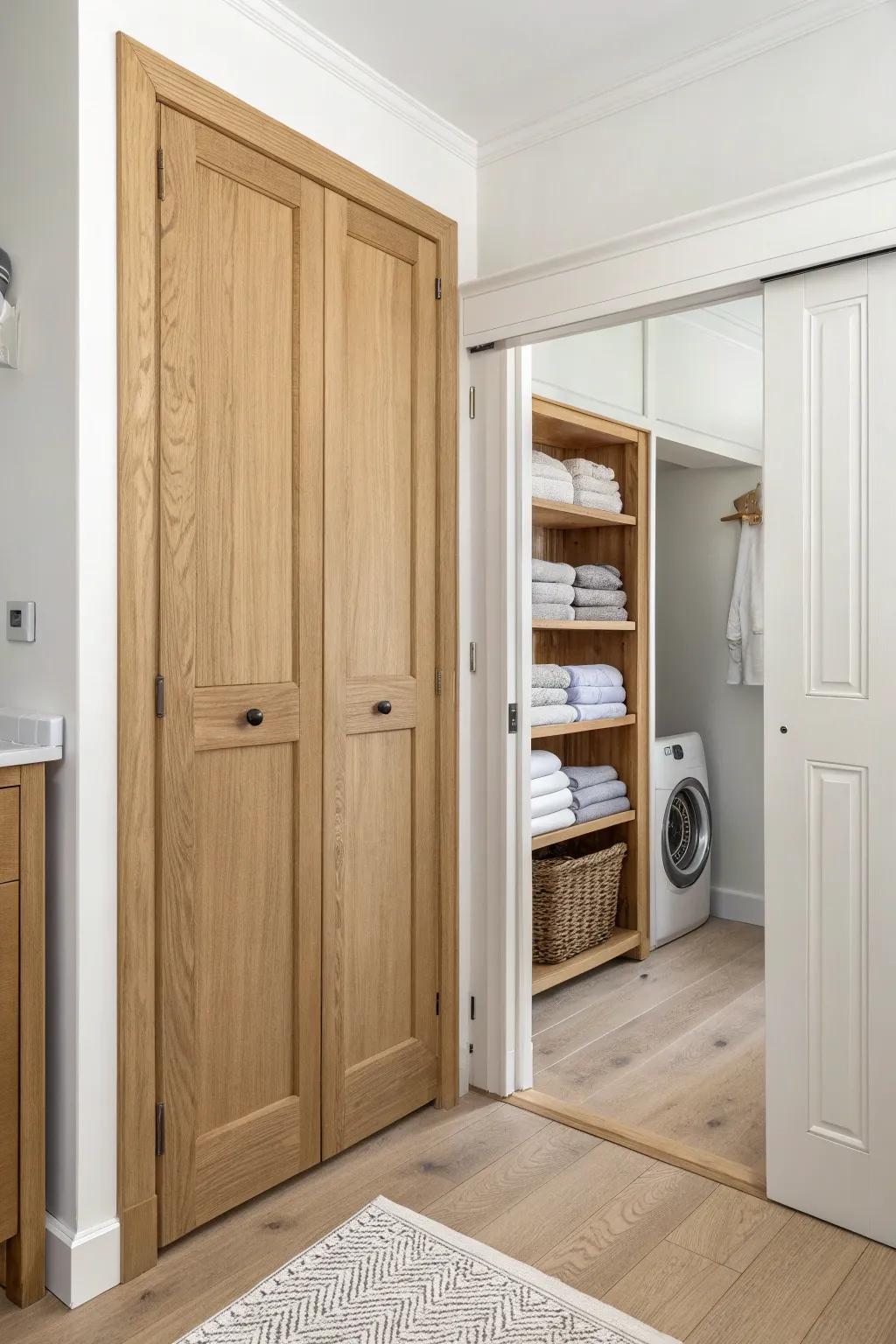 Classic solid-wood bi-fold door—space-saving, warm oak grain, and a polished built-in look.