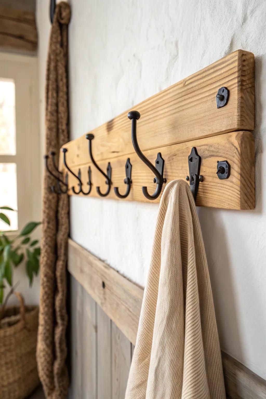 Classic pine-backed hook rail—simple, sealed, and stylish to keep laundry room coats tidy.
